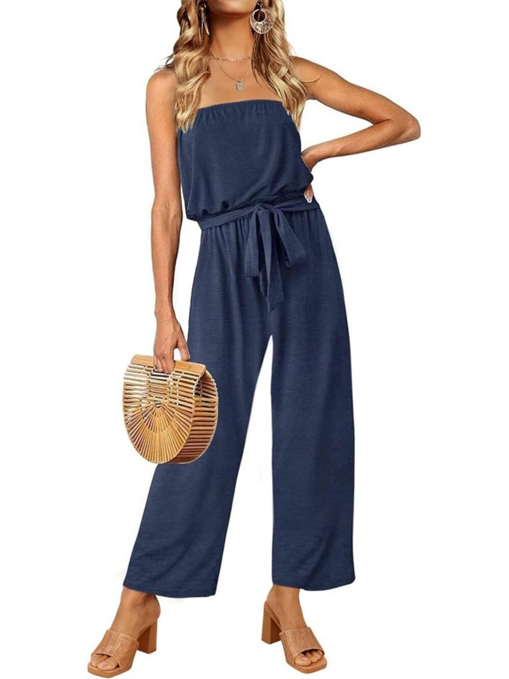 Casual Off Shoulder Strapless Wide Leg Jumpsuit Romper with Belt for Women